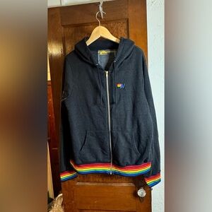 Aviator Nation Black Rainbow Rib Zip Hoodie Sweatshirt - LARGE